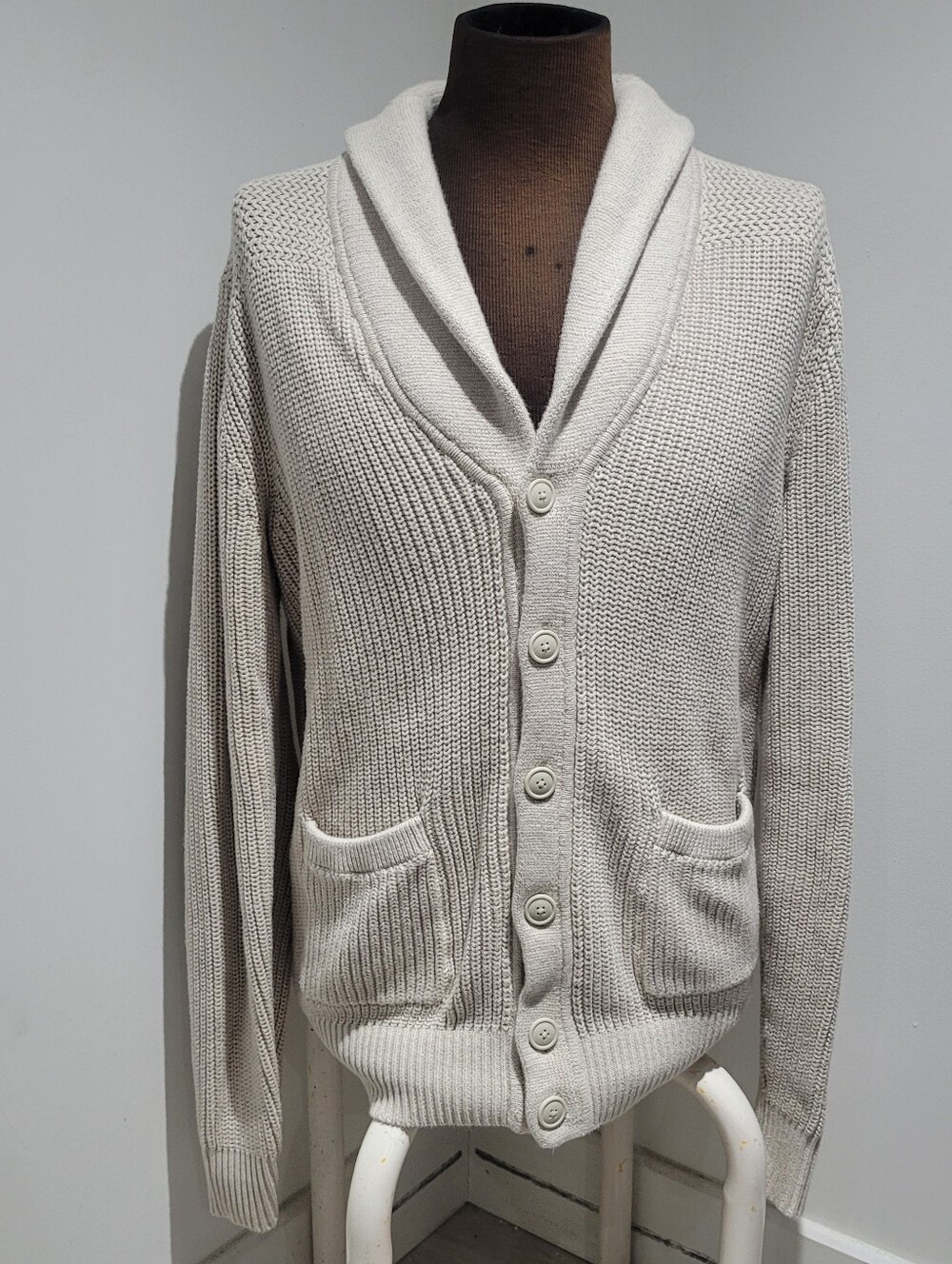 Gap Men's 100% Cotton Shawl Collar Button-Up Knit Sweater Cardigan Medium Cream